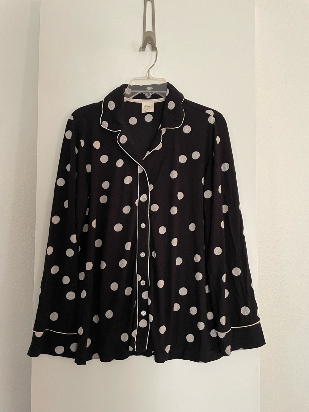 SOMA Pajama Top Long Sleeve Button Down Black White Dots